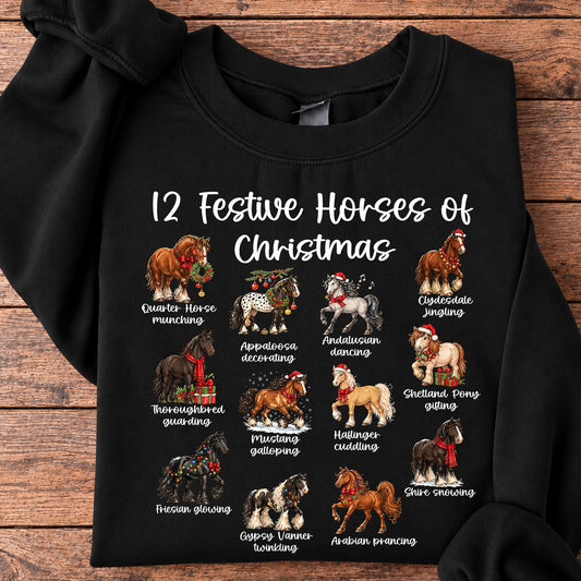 Christmas Horse Sweatshirt, 12 Festive Horses Of Christmas Crewneck Sweatshirt Xmas Gift For Horse Lover