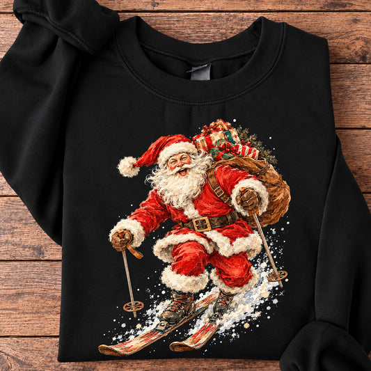 Christmas Skiing Santa Sweatshirt, Santa Claus Skiing Downhill Crewneck Sweatshirt Xmas Gift For Skiing Lover