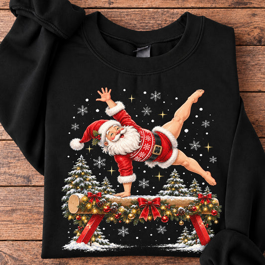 Christmas Gymnastics Santa Sweatshirt, Santa On Balance Beam Crewneck Sweatshirt Xmas Gift For Gymnastics Lover