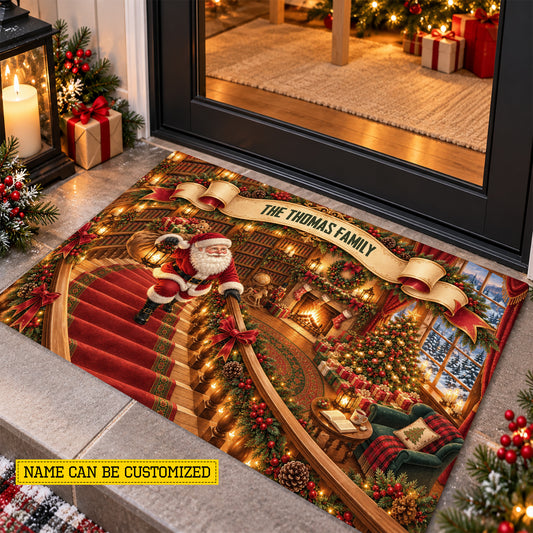 Personalized Santa Christmas Doormat, Custom Family Name With Christmas Staircase Illusion Doormat For Home Decor Housewarming, Xmas Welcome Mat Gift