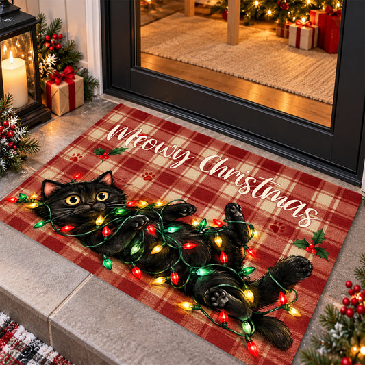 Funny Meowy Christmas Doormat, Black Cat Tangled In Colorful Christmas Lights Doormat For Home Decor Housewarming, Xmas Welcome Mat Gift For Cat Lover