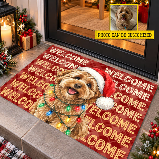Personalized Christmas Dog Doormat, Custom Pet Portrait With Santa Hat Doormat For Home Decor Housewarming, Xmas Welcome Mat Gift For Dog Lover