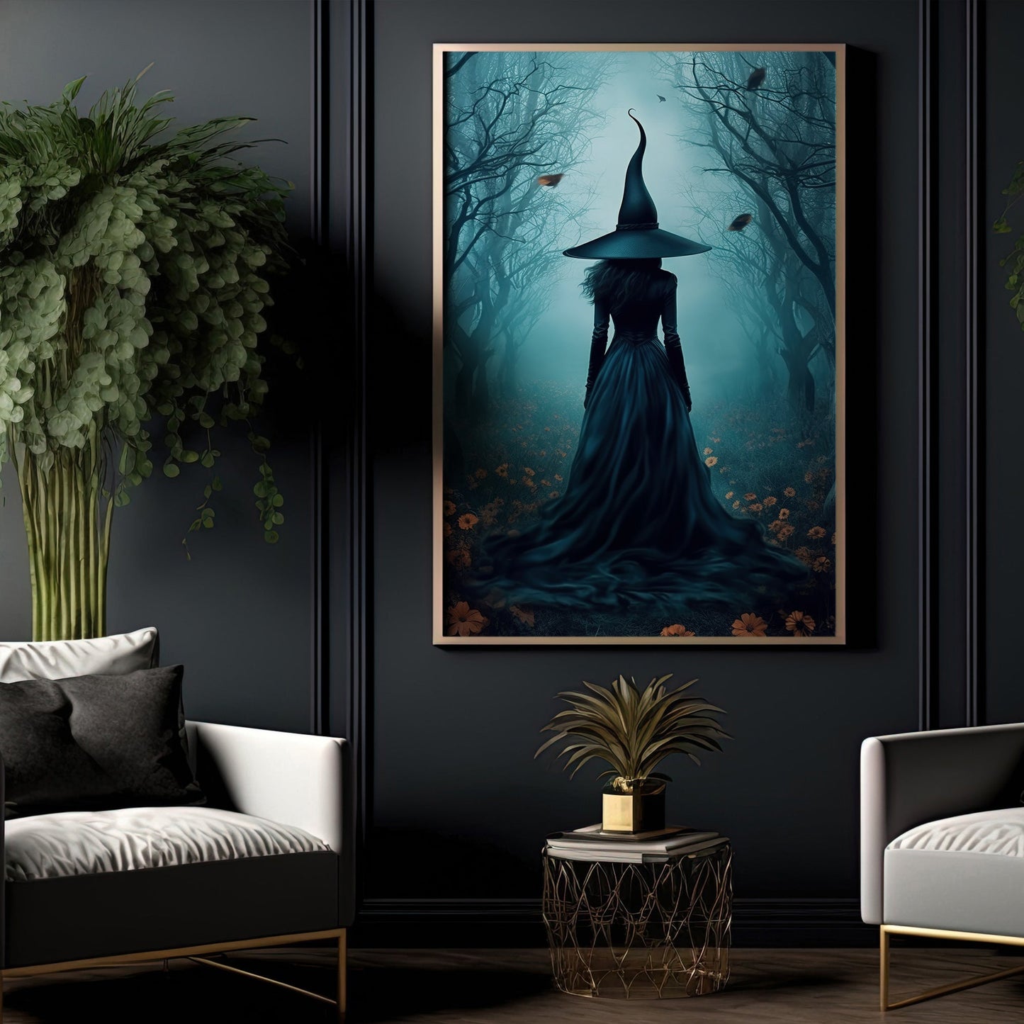 The Witch In Forest Vintage Canvas Painting, Witch Wall Art Decor - Halloween Dark Academia Witchy Poster Gift