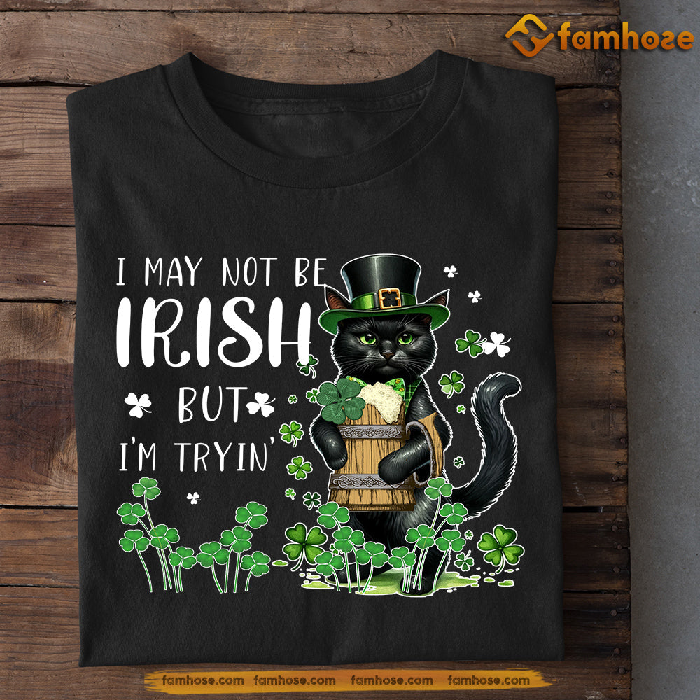 Funny St Patrick's Day Cat T-shirt, I May Not Be Irish But I'm Tryin, Patricks Day Gift For Cat Lovers Cat Owners, Cat Tees