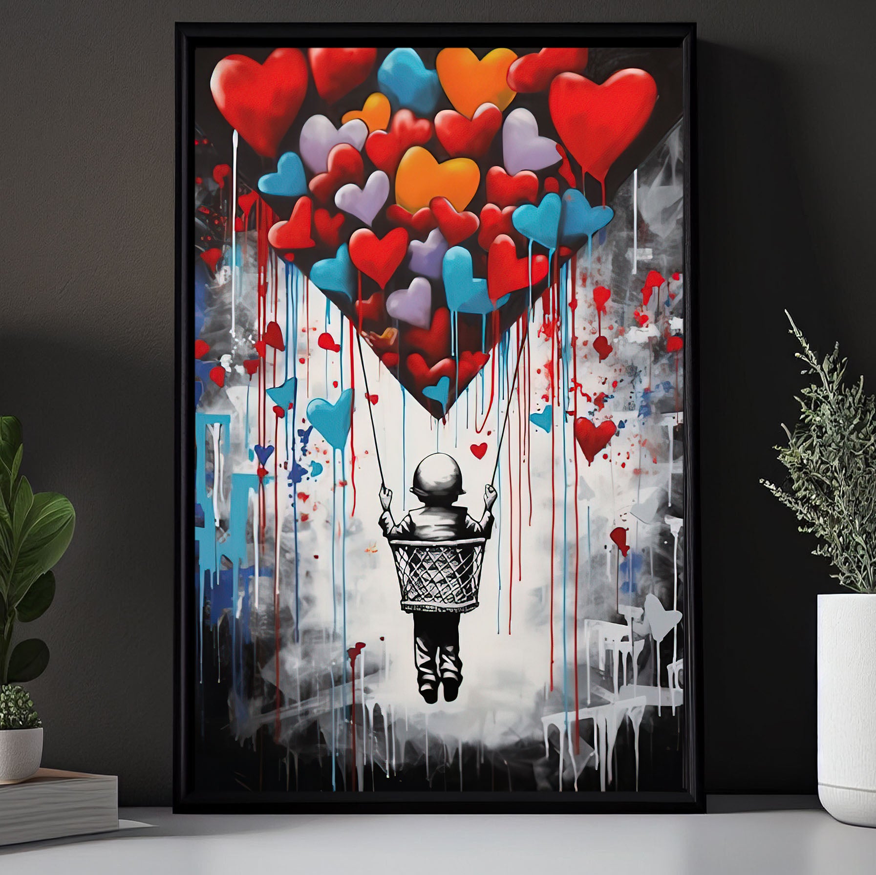  Personalized Romantic Valentine's Day – Easel Backed Tabletop  or Wall Art. Perfect for Wedding Anniversary. (17 - Heart Balloon (Banksy  Style)): Posters & Prints