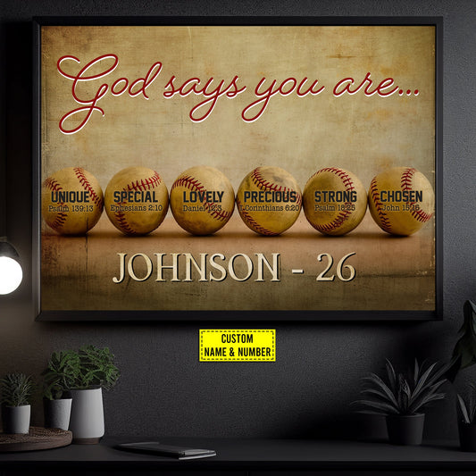 God Says You Are, Personalized Motivational Softball Canvas Painting, Inspirational Quotes Wall Art Decor, Poster Gift For Softball Lovers