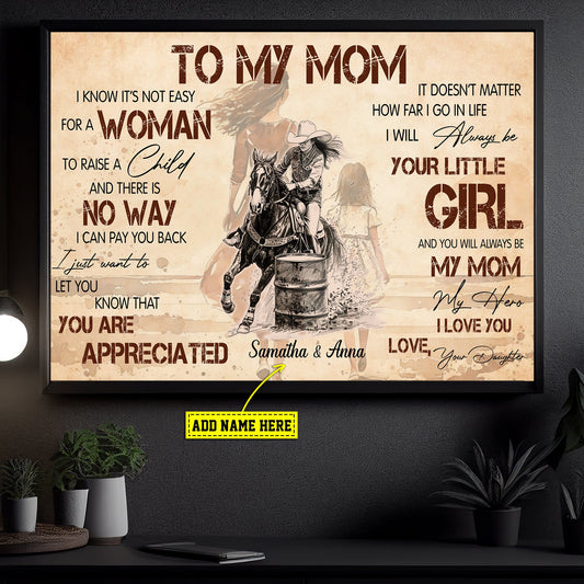 Personalized Mother's Day Barrel Racing Canvas Painting, To My Mom You Are My World, Inspirational Quotes Horse Wall Art Decor, Poster Gift For Barrel Racing Lovers