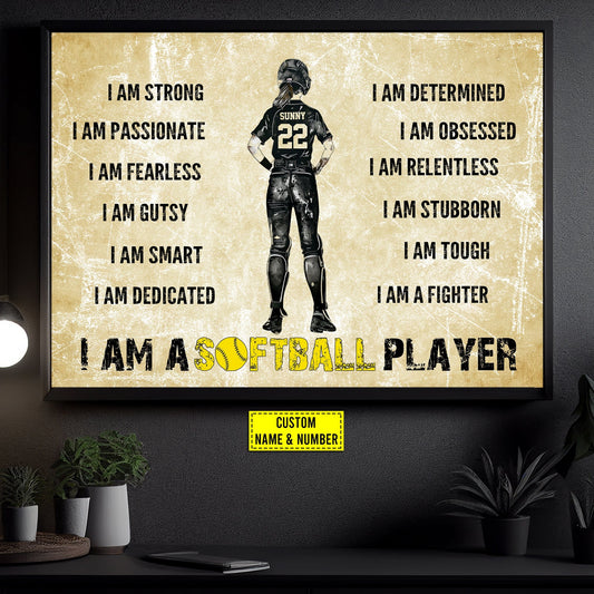I Am Softball Player, Personalized Motivational Softball Canvas Painting, Inspirational Quotes Wall Art Decor, Poster Gift For Softball Lovers