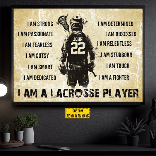 I Am A Lacrosse Player, Personalized Motivational Lacrosse Boy Canvas Painting, Inspirational Quotes Wall Art Decor, Poster Gift For Lacrosse Lovers