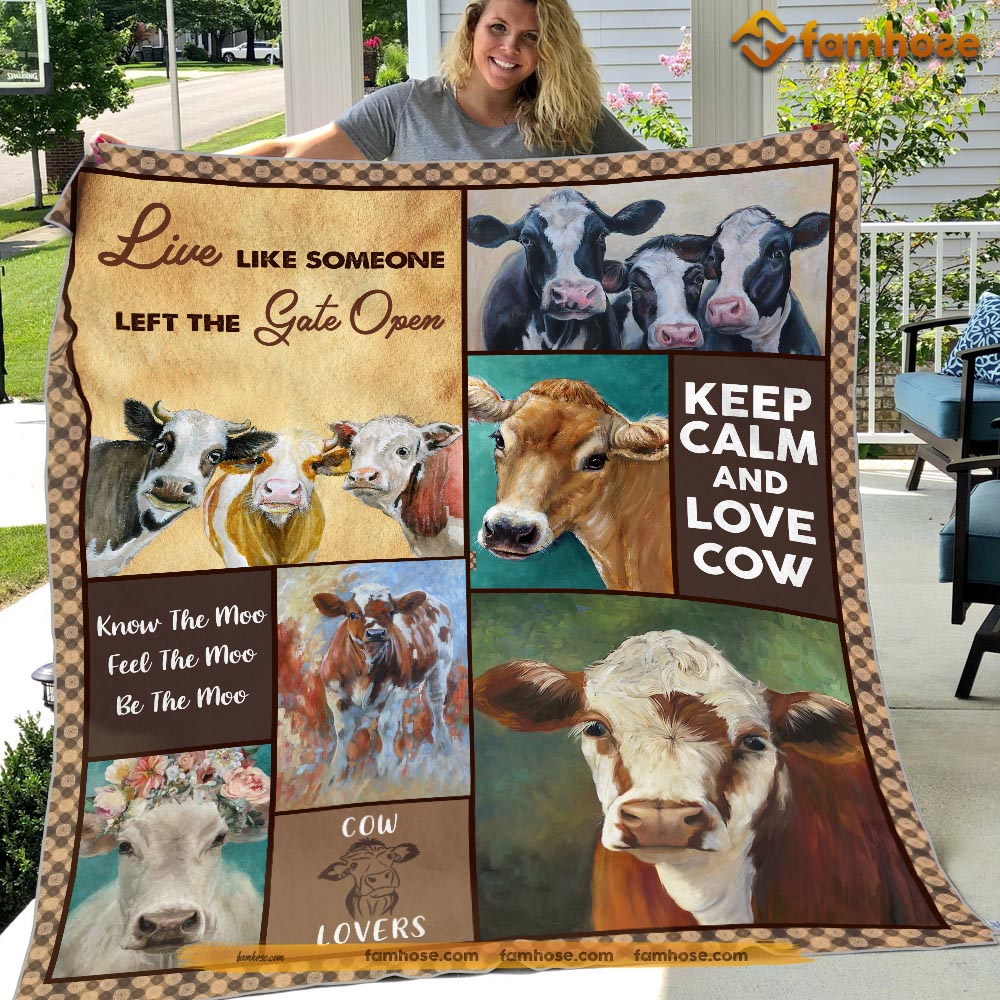 Cow Blanket, Live Like Someone Left The Gate Open Cow Fleece Blanket - Sherpa Blanket Gift For Cow Lover