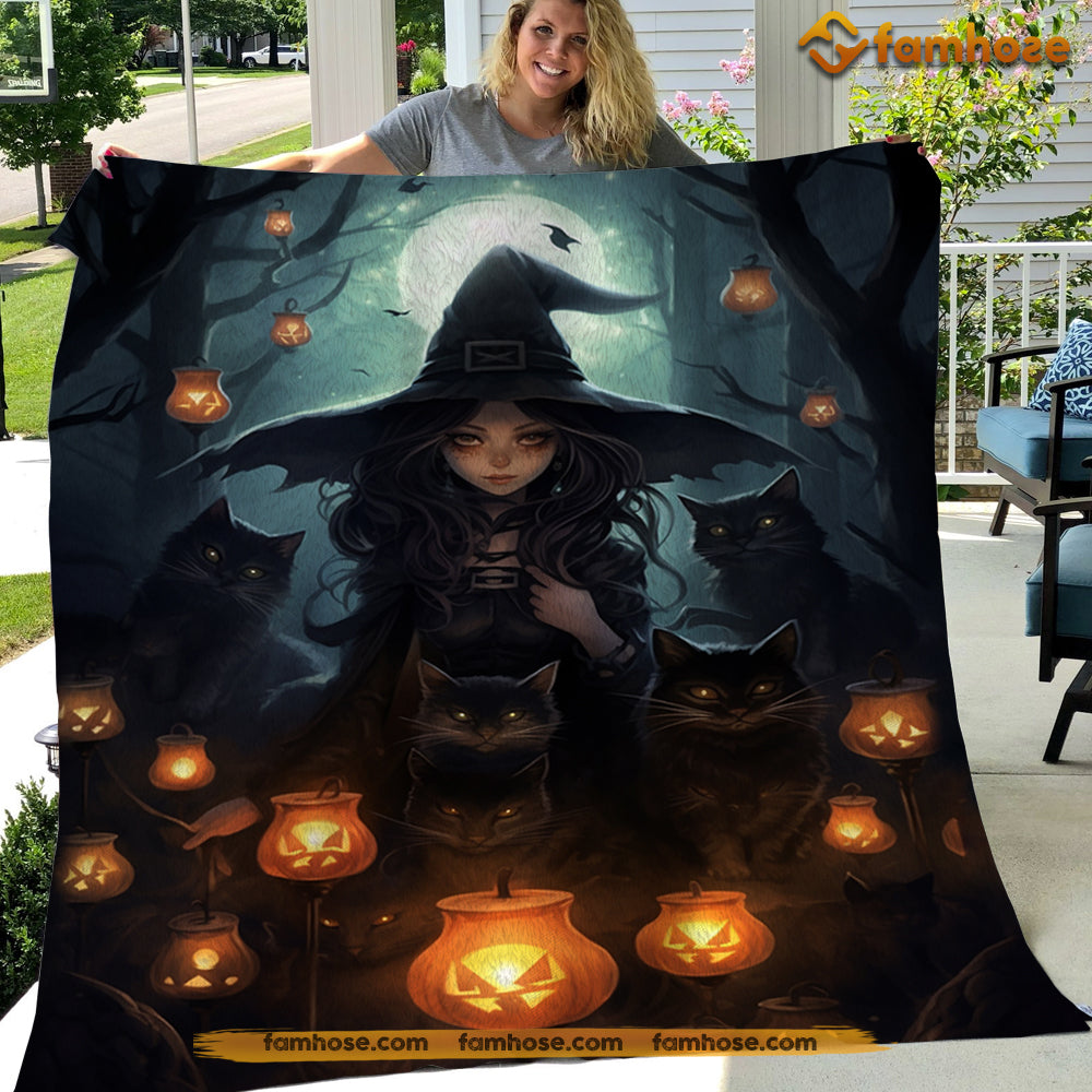 Witch Blanket, Little Witch Next To Black Cats In The Dark Forest Fleece Blanket - Sherpa Blanket Gift For Halloween