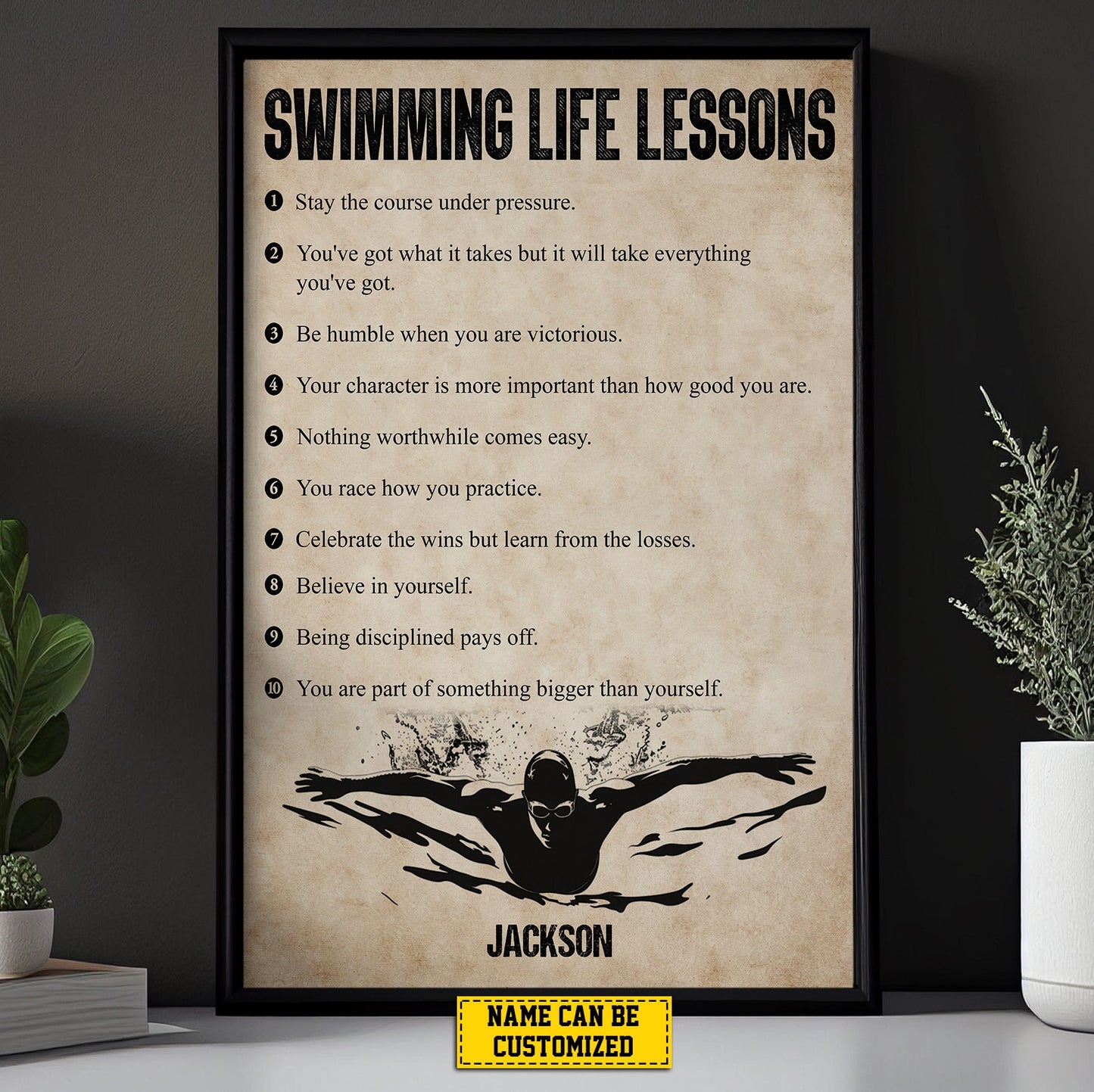 Personalized Motivational Swimming Boy Canvas Painting, Swimming Life Lessons, Inspirational Quotes Wall Art Decor, Poster Gift For Swimming Lovers