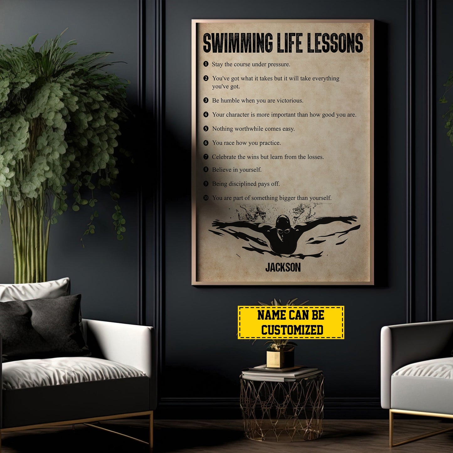 Personalized Motivational Swimming Boy Canvas Painting, Swimming Life Lessons, Inspirational Quotes Wall Art Decor, Poster Gift For Swimming Lovers