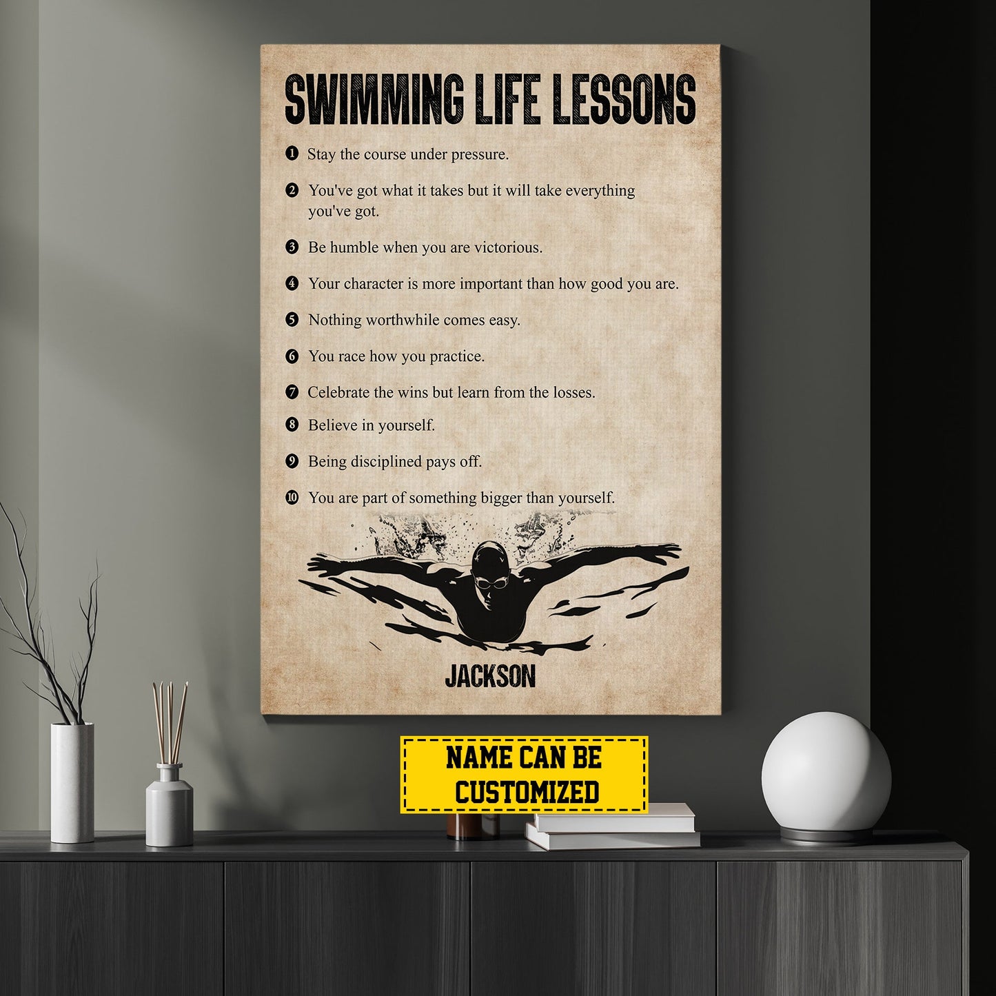 Personalized Motivational Swimming Boy Canvas Painting, Swimming Life Lessons, Inspirational Quotes Wall Art Decor, Poster Gift For Swimming Lovers
