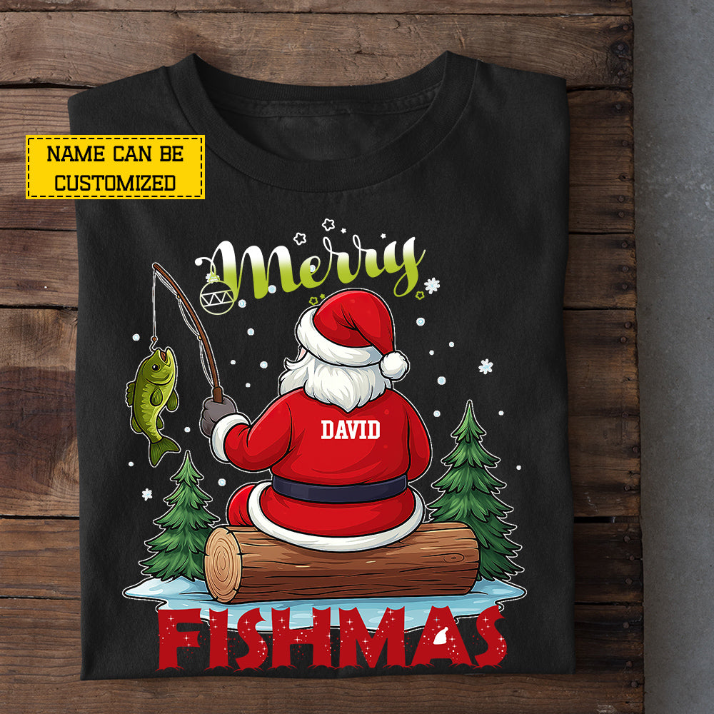 Funny Personalized Christmas Fishing T-shirt, Merry Fishmas Sports Tee Xmas Gift For Fishing Lovers