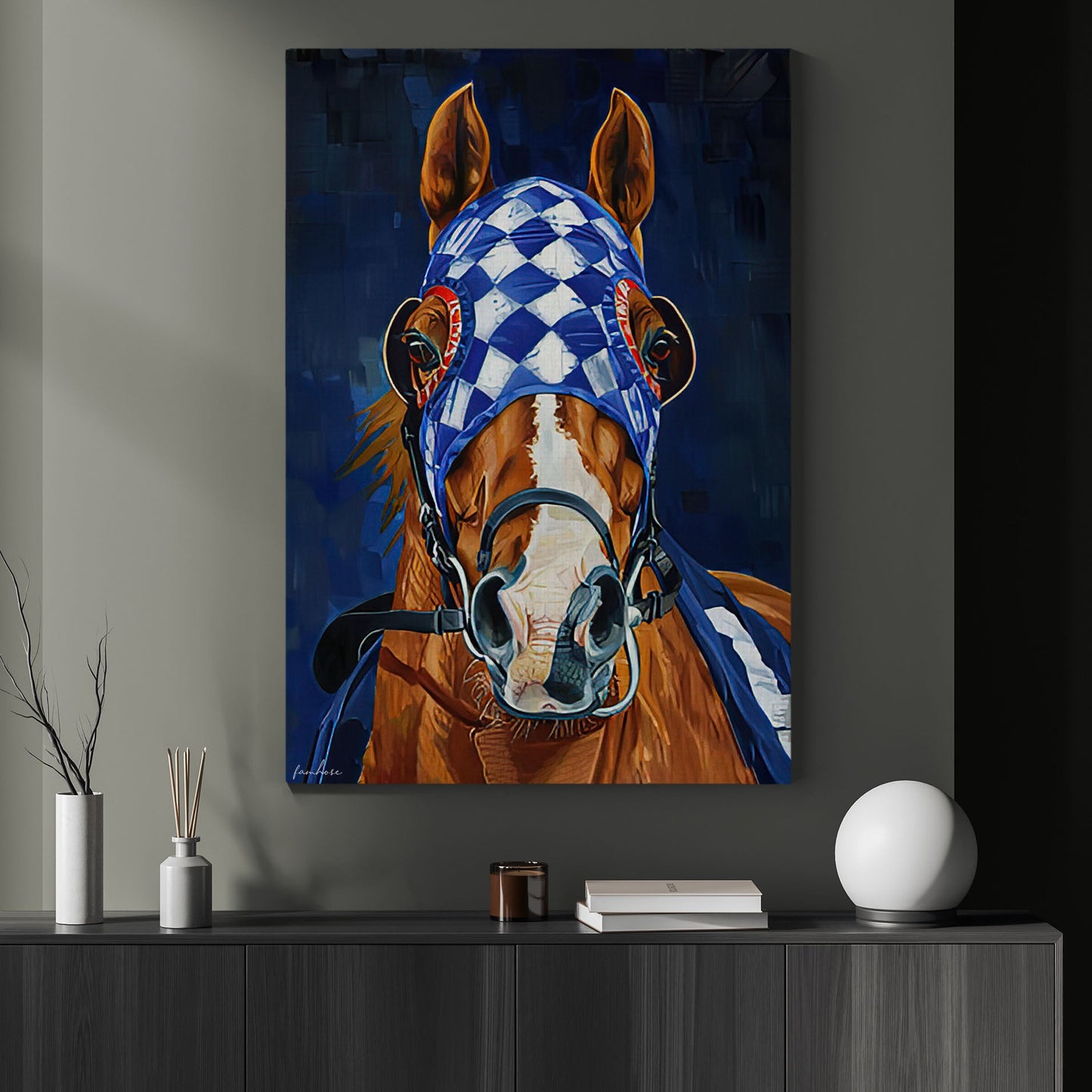 Secretariat Canvas Painting, A Brown Horse Wearing Blue White Checkered Silks, Jockey Wall Art Decor, Poster Gift For Horse Racing Lovers