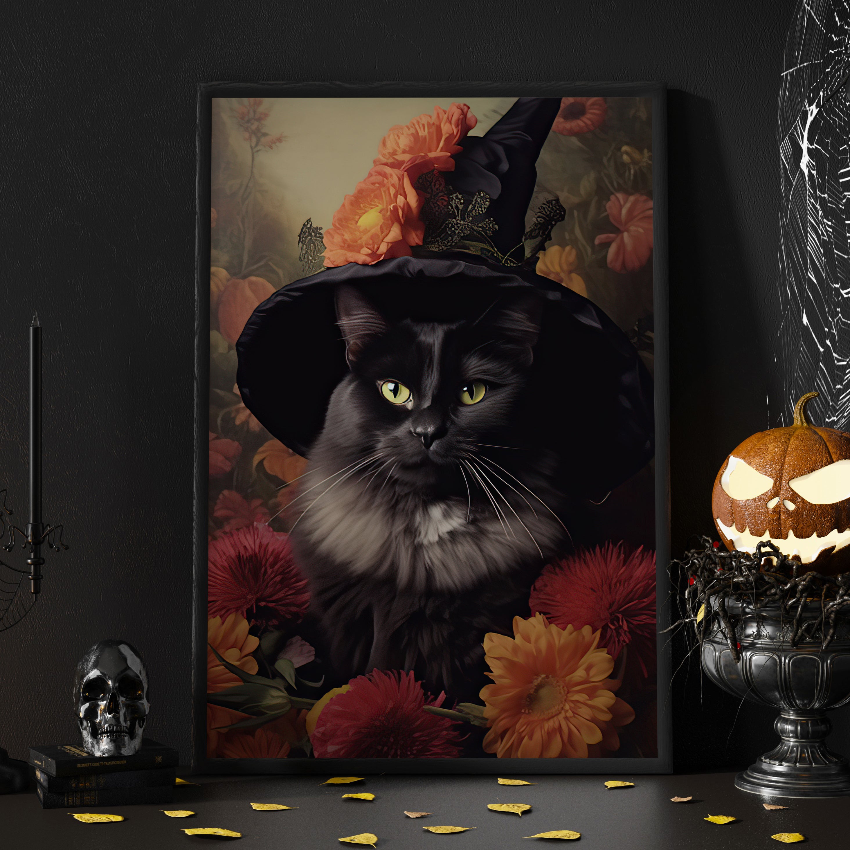 Cottage Black Cat Witch In Flowers Halloween Canvas Painting, Wall Art ...