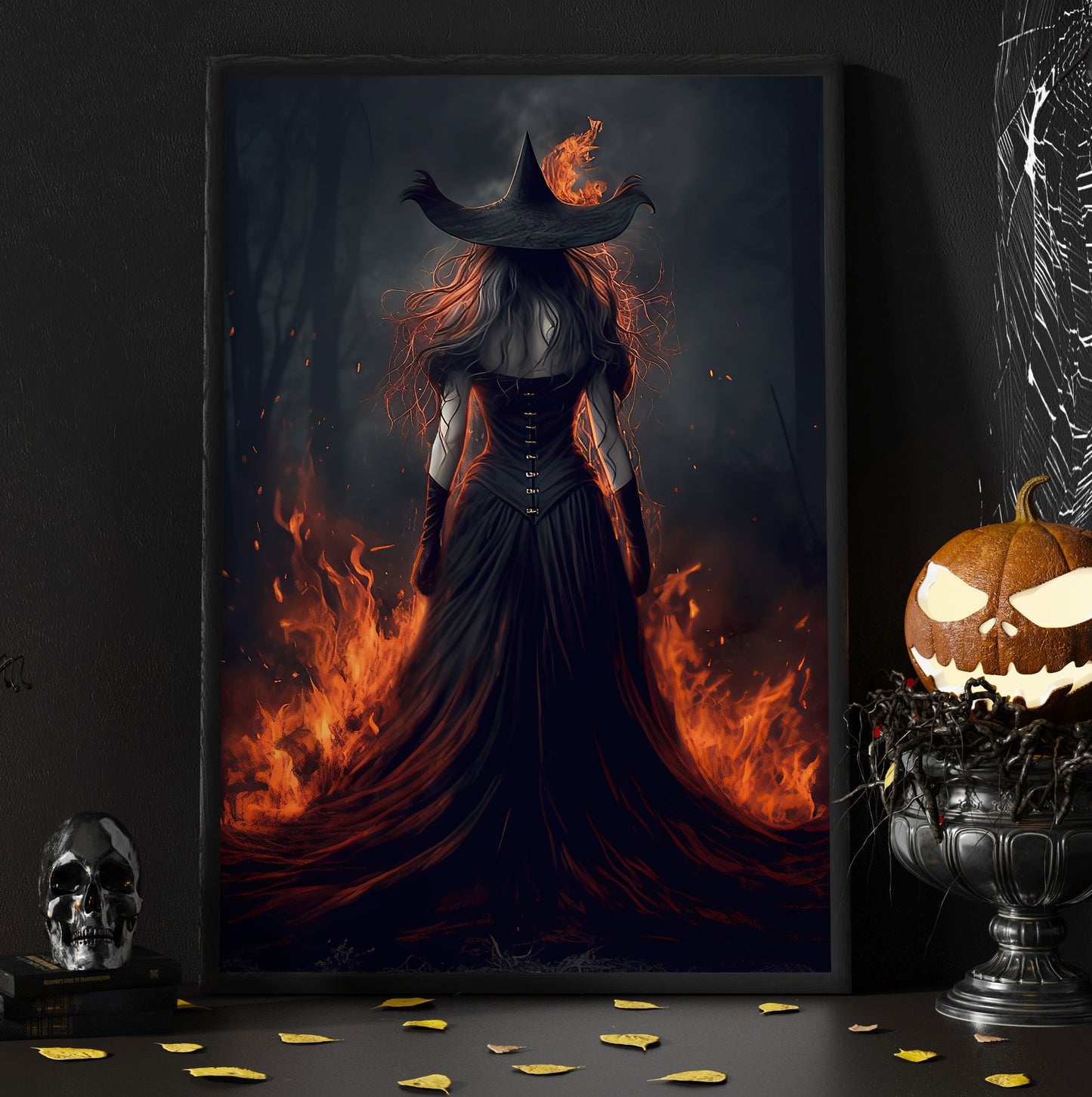 Fire Witch In Rage Dark Vintage Wall Art Print - Dark Surreal Fire Witch Halloween Wall Decor