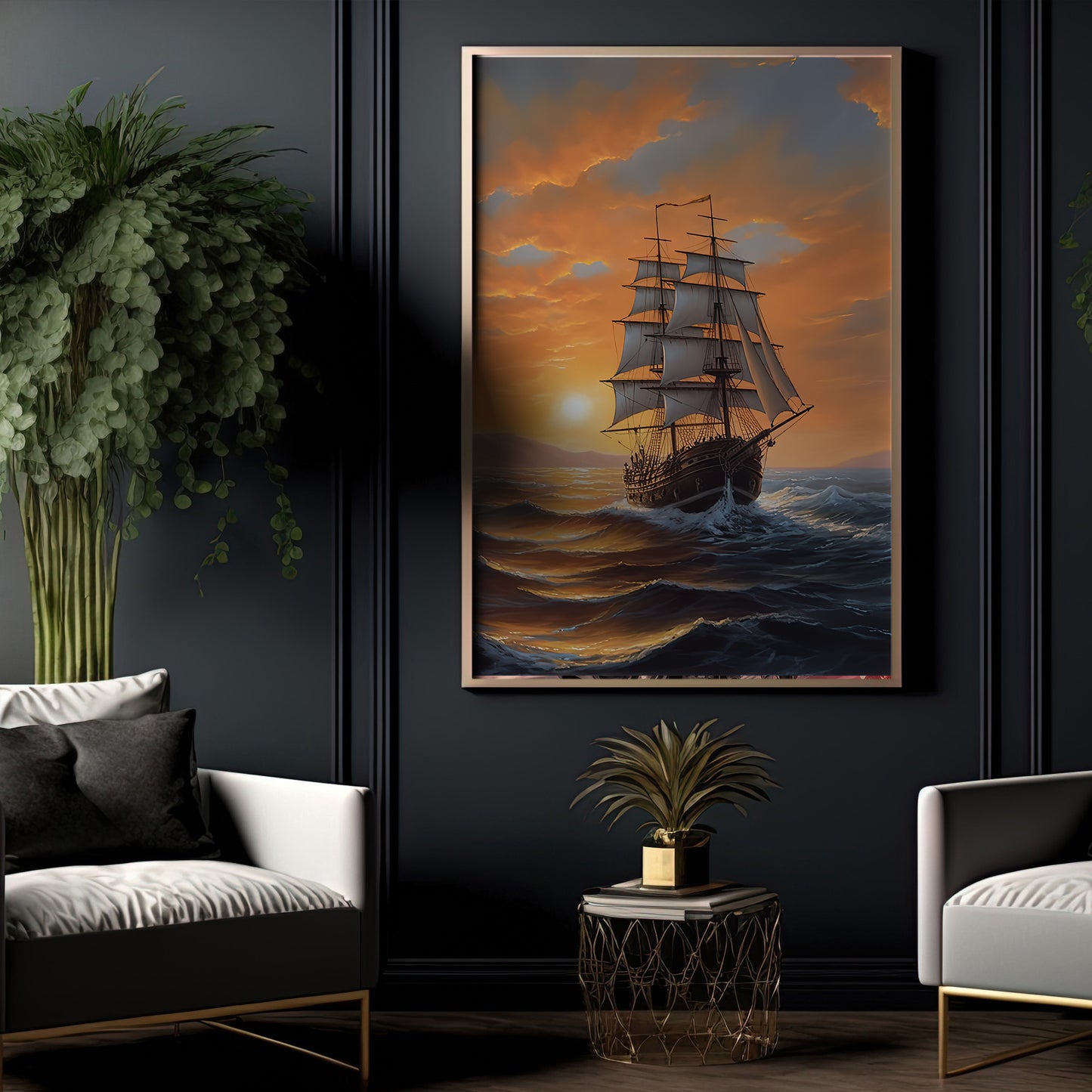 Sailing Boat Quietly On The Sea At Sunset Canvas Painting, Wall Art Decor - Poster Gift For Decorating Your Home