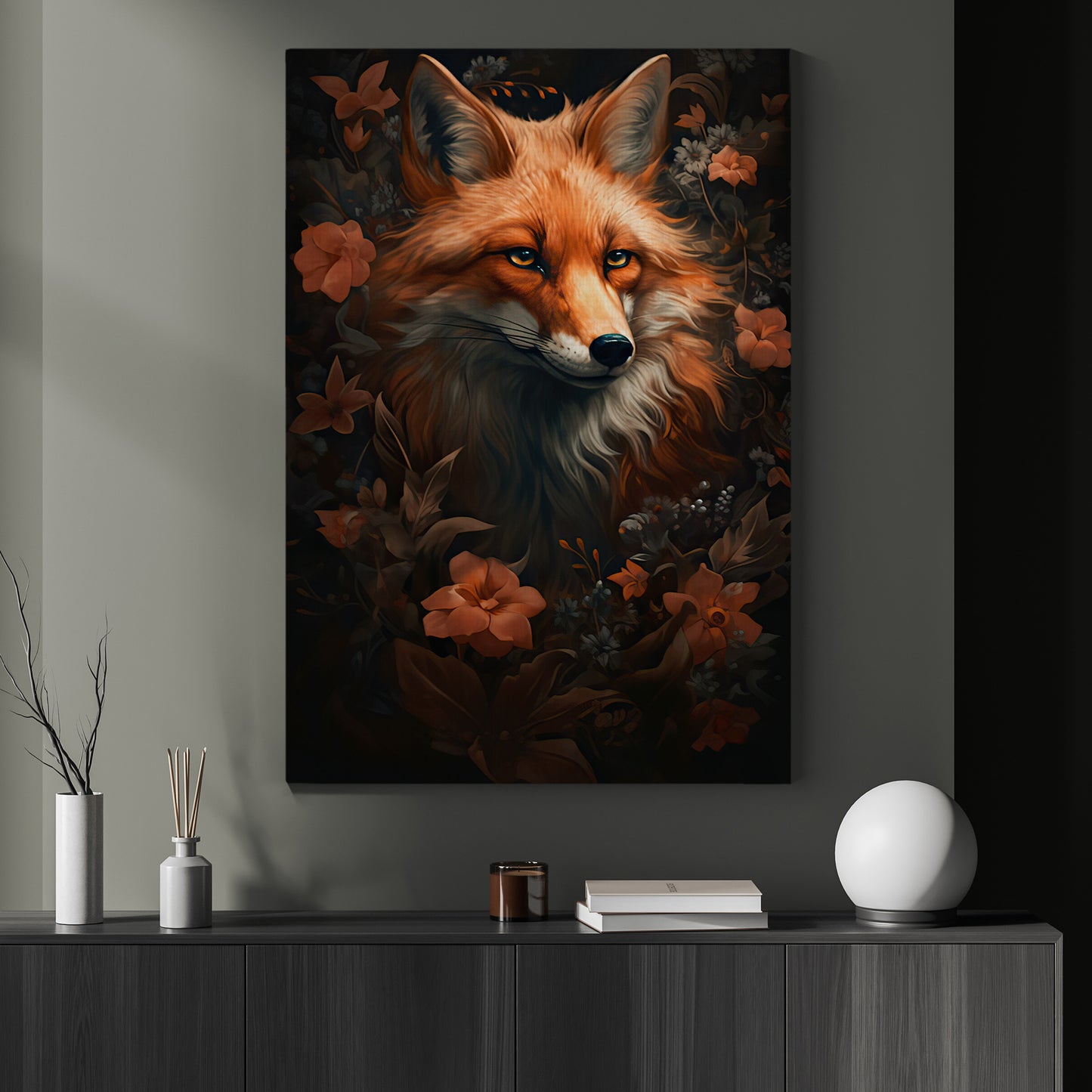 Mythical Fox In Flowers Gothic Canvas Painting, Wall Art Decor - Dark Academia Vintage Fox Poster Gift