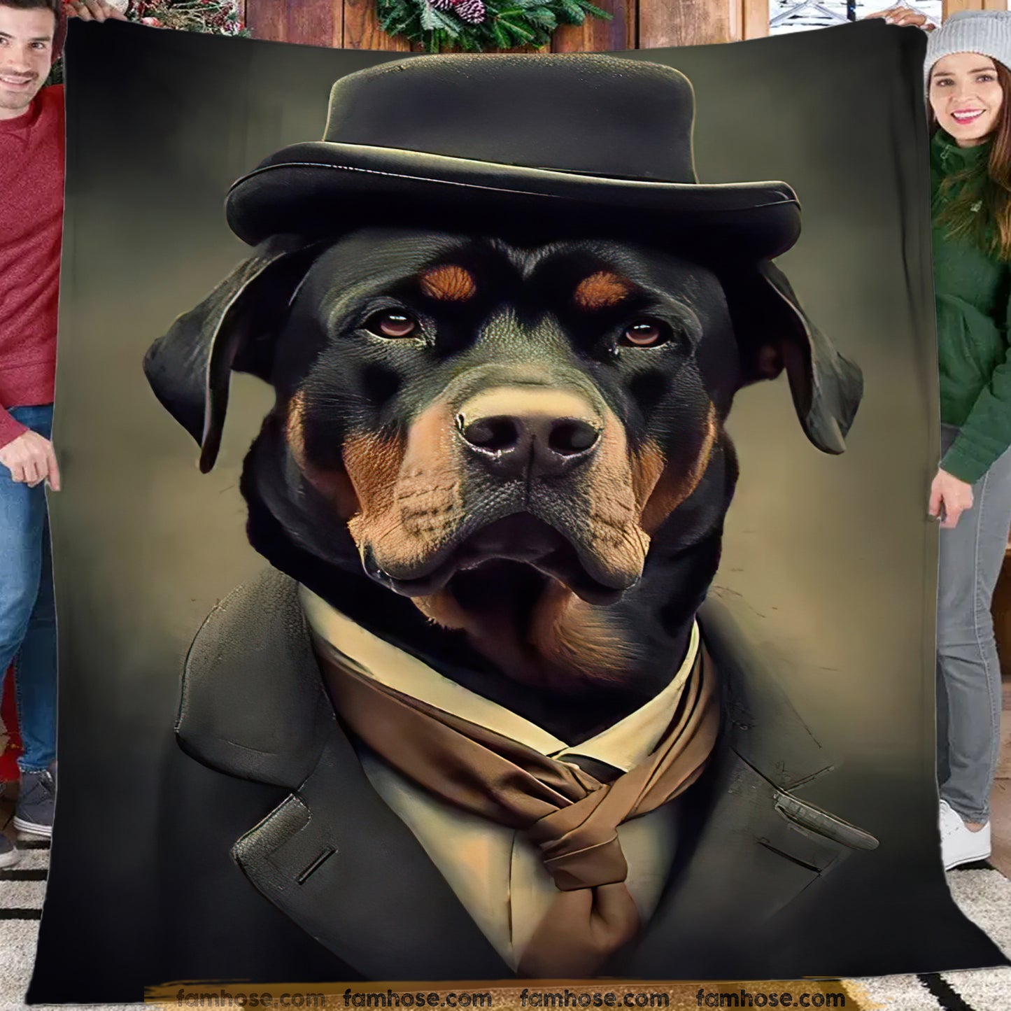 Victorian Rottweiler Fleece Blanket - Gentleman Rottweiler Sherpa Blanket, Woven Blanket Gift For Rottweiler Lovers, Victorian Animal Lovers