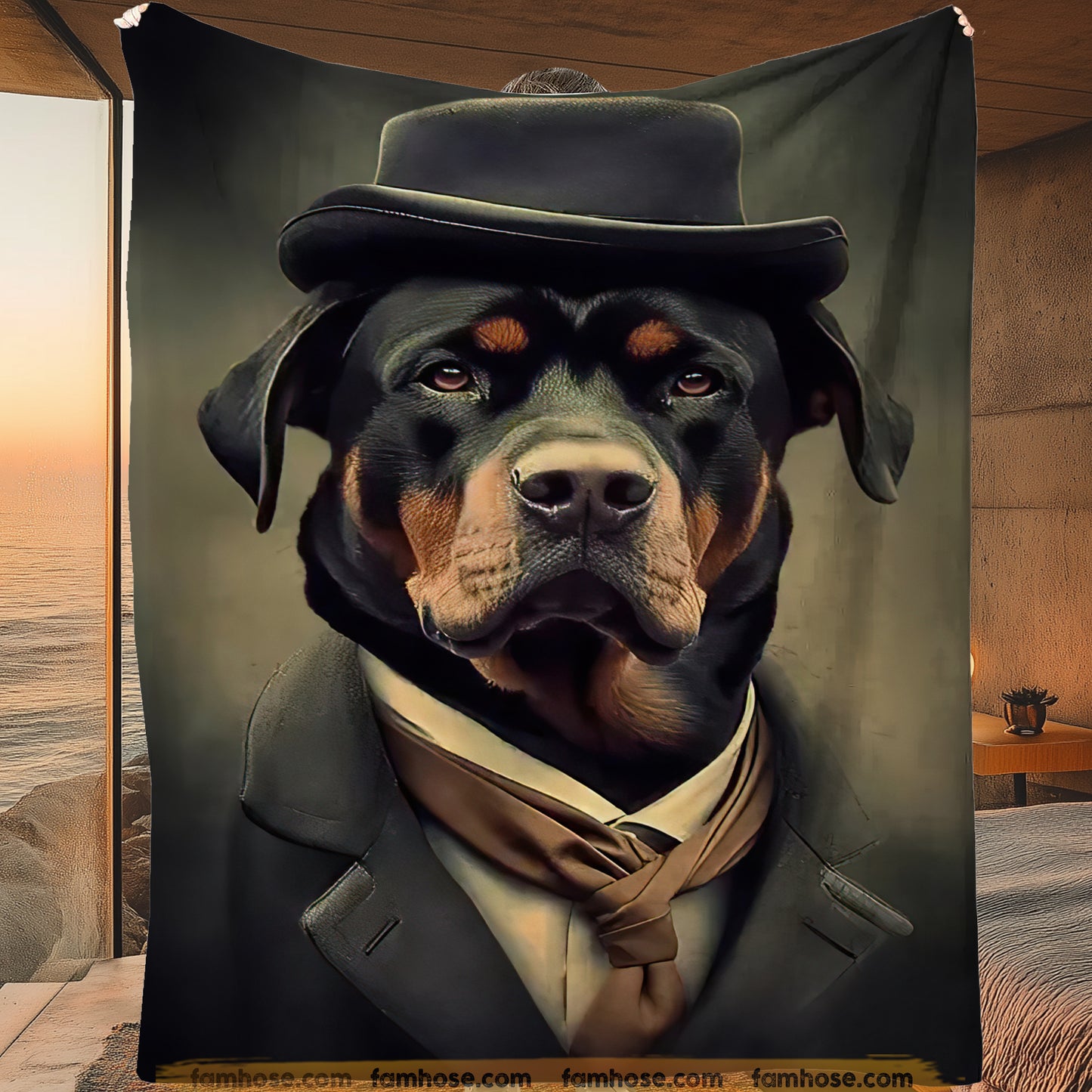 Victorian Rottweiler Fleece Blanket - Gentleman Rottweiler Sherpa Blanket, Woven Blanket Gift For Rottweiler Lovers, Victorian Animal Lovers