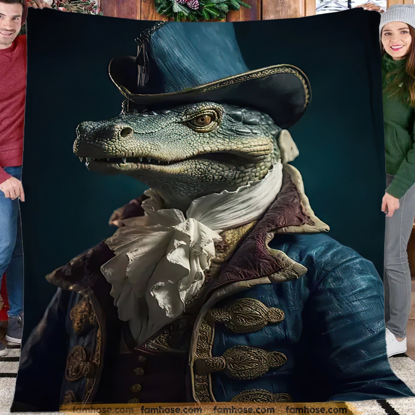 Victorian Crocodile Fleece Blanket - The Aristocratic Crocodile Sherpa Blanket, Woven Blanket Gift For Crocodile Lovers, Victorian Animal Lovers