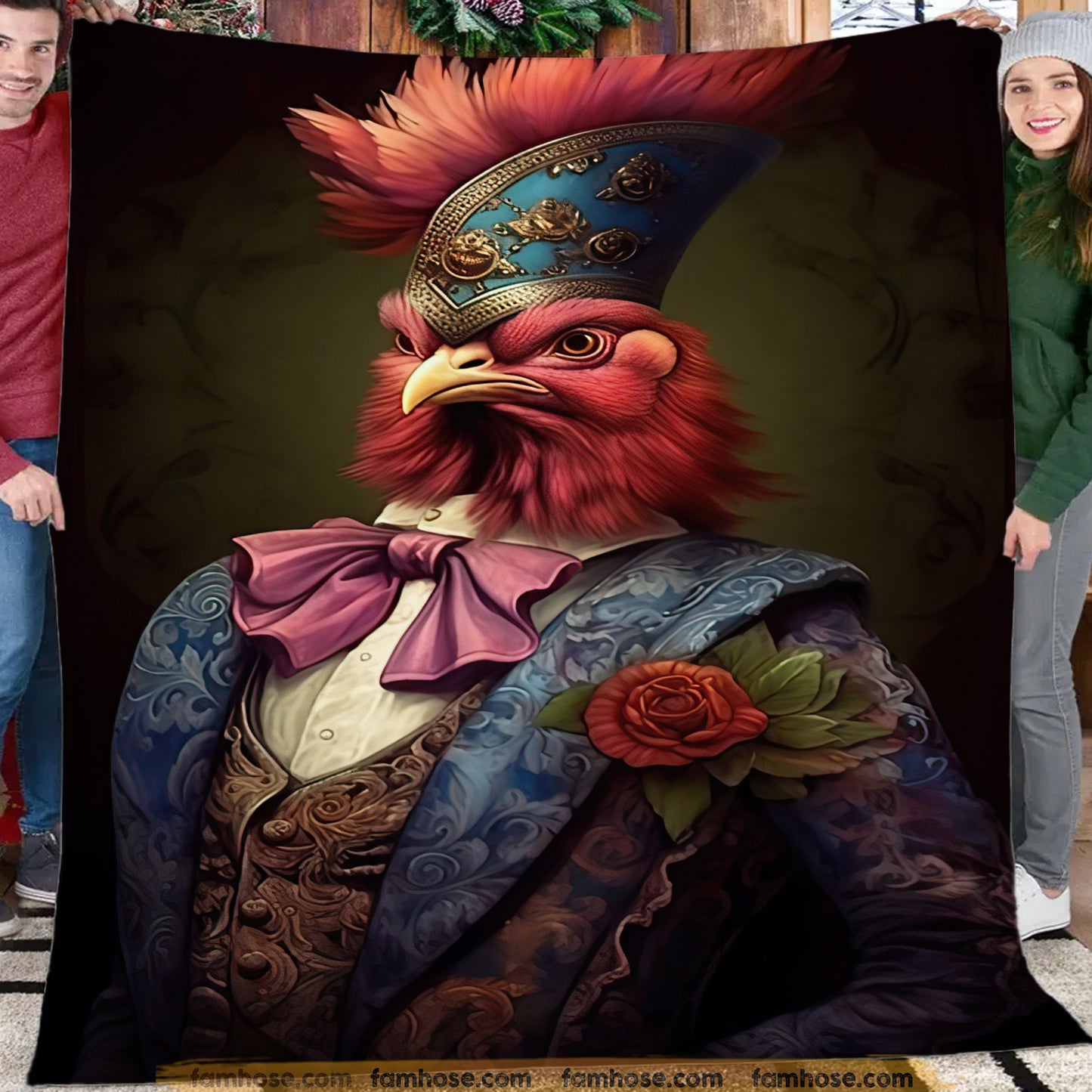 Victorian Rooster Fleece Blanket - The Regal Rooster Sherpa Blanket, Woven Blanket Gift For Rooster Lovers, Victorian Animal Lovers