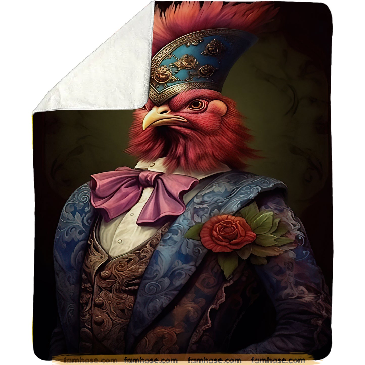Victorian Rooster Fleece Blanket - The Regal Rooster Sherpa Blanket, Woven Blanket Gift For Rooster Lovers, Victorian Animal Lovers