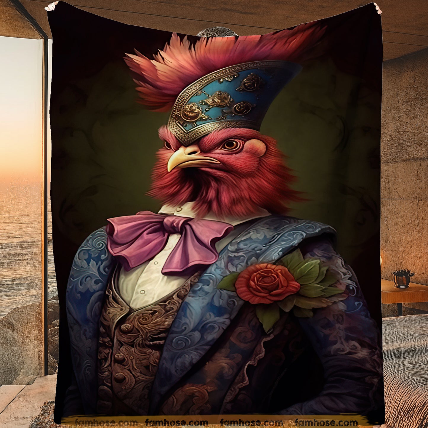 Victorian Rooster Fleece Blanket - The Regal Rooster Sherpa Blanket, Woven Blanket Gift For Rooster Lovers, Victorian Animal Lovers