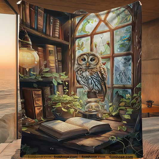 Victorian Owl Fleece Blanket - The Bookish Owl Sherpa Blanket, Woven Blanket Gift For Owl Lovers, Book Lovers, Victorian Animal Lovers