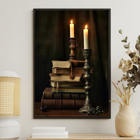Books And Candle, Books Canvas Painting, Wall Art Decor - Poster Gift For Book Lovers