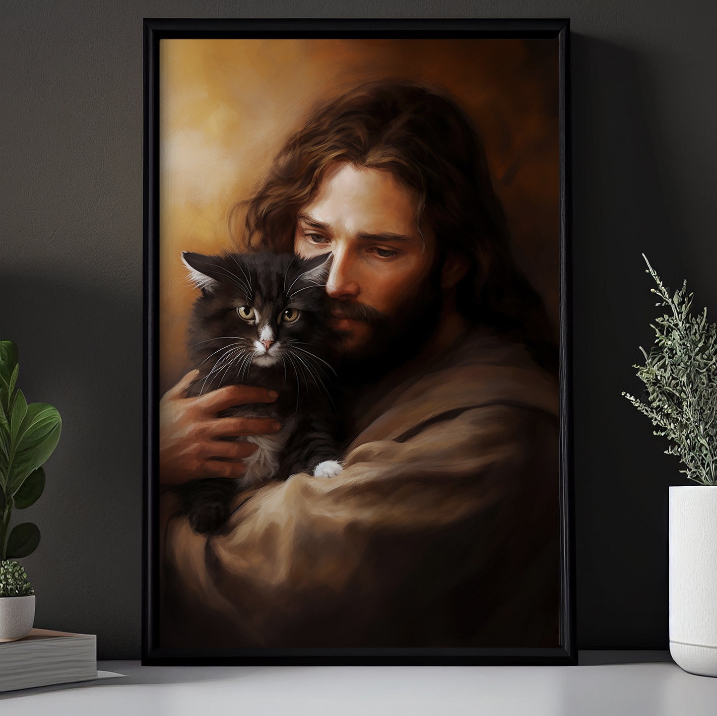 Kindness in Gentle Hold, Jesus Christian Canvas Painting, Xmas Wall Art Decor - Christmas Poster Gift For Cat Lovers