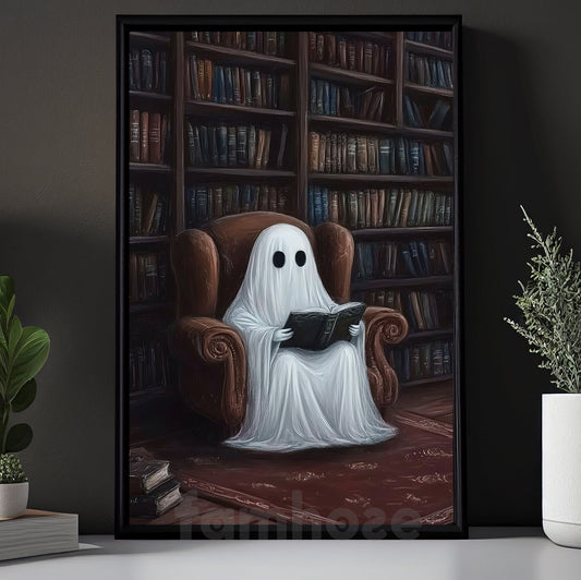 Halloween Boo Book Canvas Painting, Ghost In The Library Wall Art Decor, Spooky Season Poster Gift For Ghost Lovers, Book Lovers