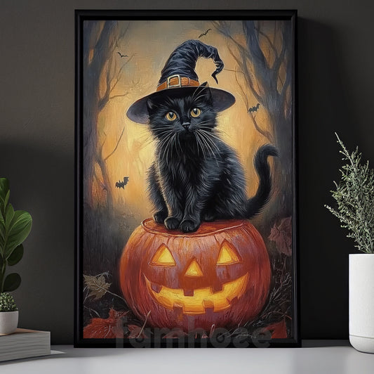 Halloween Black Cat Witch Pumpkin Canvas Painting, Pumpkin Witch’s Cat Wall Art Decor, Spooky Season Poster Gift For Cat Lovers, Pumpkin Lovers