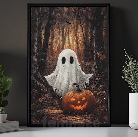 Halloween Boo Canvas Painting, Jack & Little Ghost In The Woods Wall Art Decor, Spooky Season Poster Gift For Ghost Lovers