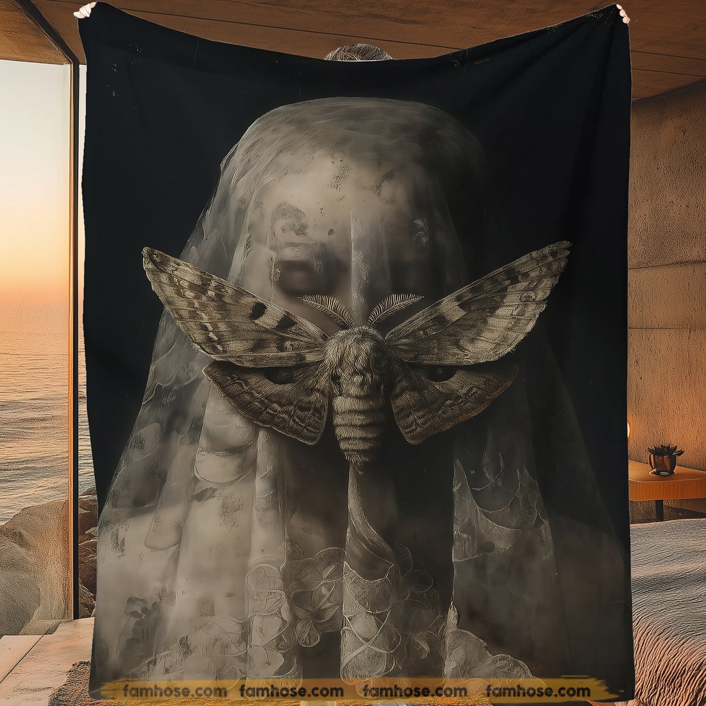 Gothic Halloween Moth Fleece Blanket, Moth Veiled Woman Woven Blanket, Sherpa Blanket Spooky Season Gift