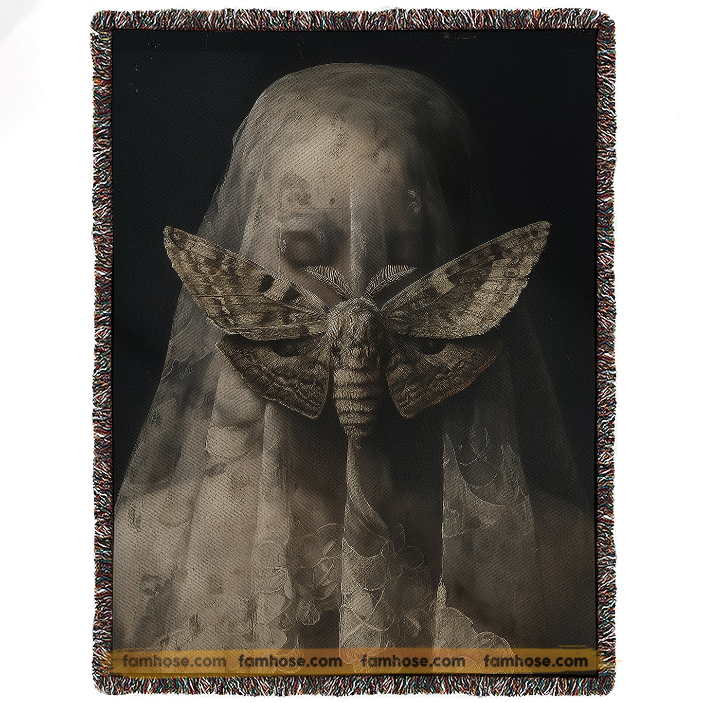 Gothic Halloween Moth Fleece Blanket, Moth Veiled Woman Woven Blanket, Sherpa Blanket Spooky Season Gift