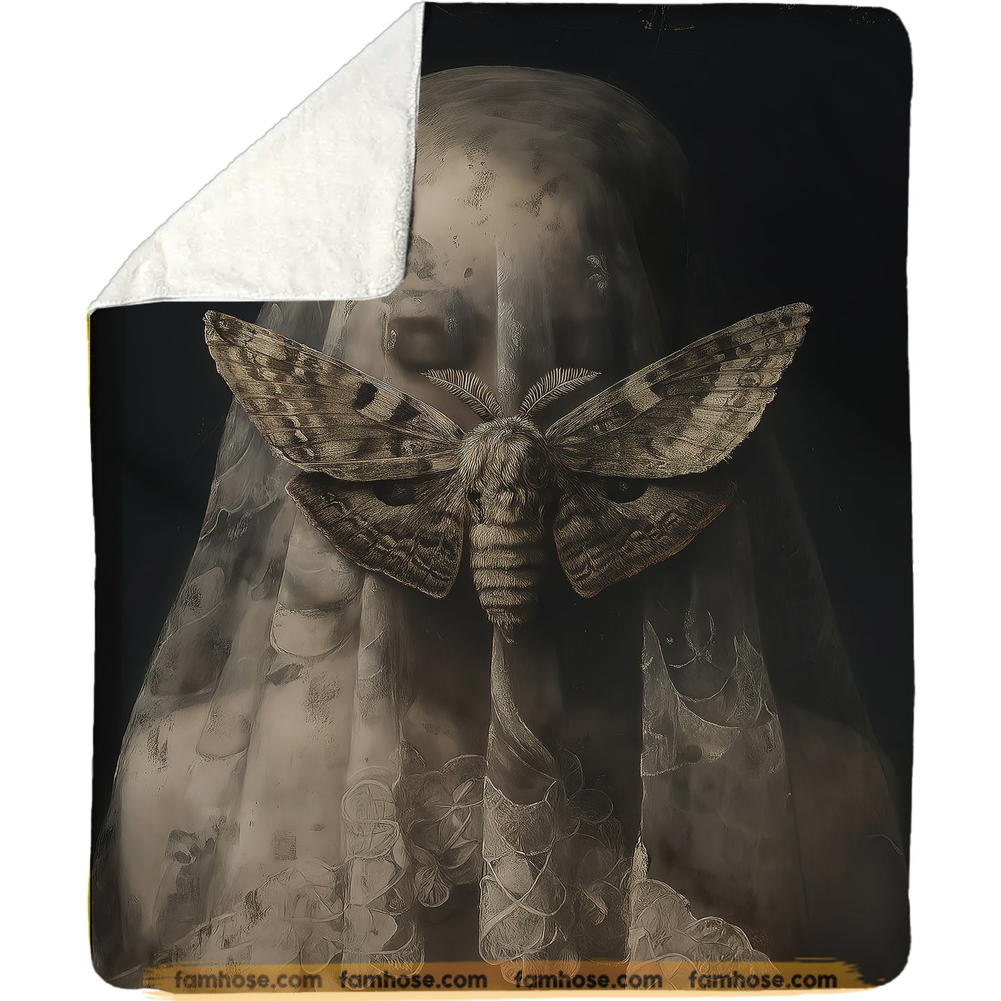 Gothic Halloween Moth Fleece Blanket, Moth Veiled Woman Woven Blanket, Sherpa Blanket Spooky Season Gift