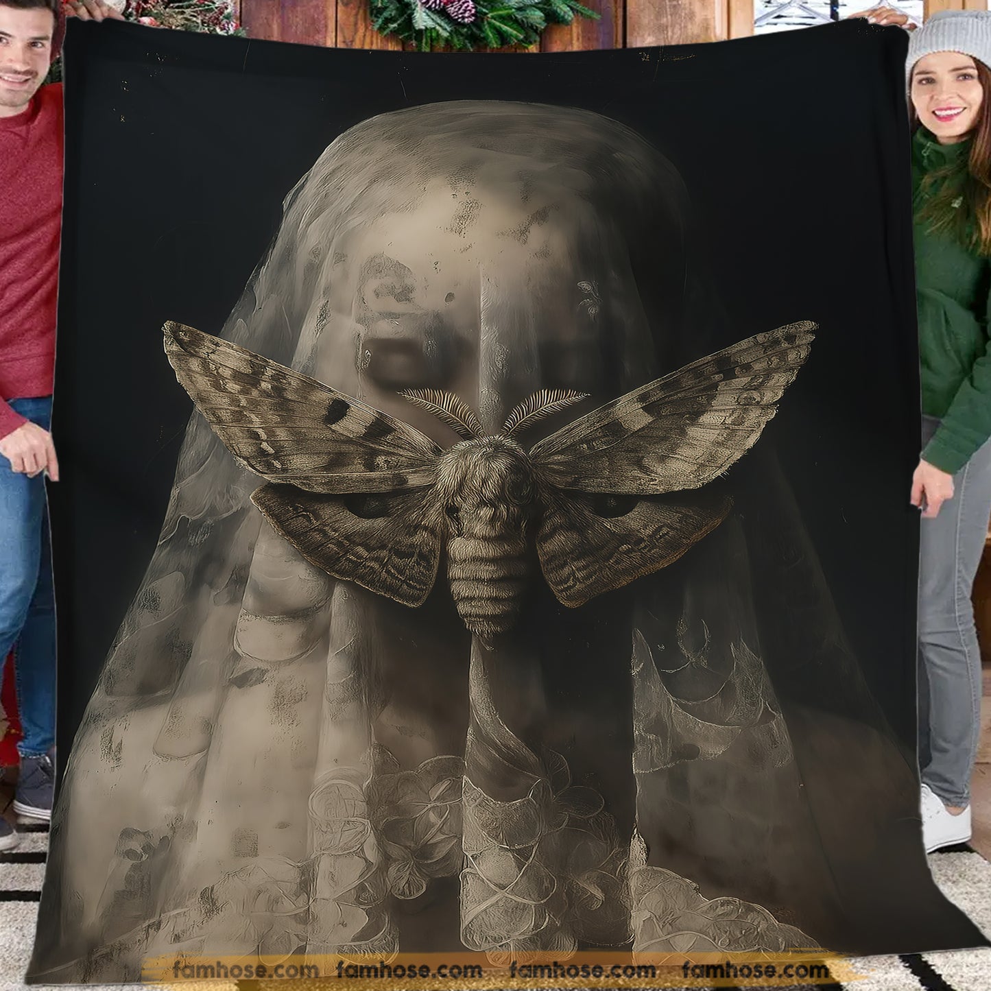 Gothic Halloween Moth Fleece Blanket, Moth Veiled Woman Woven Blanket, Sherpa Blanket Spooky Season Gift