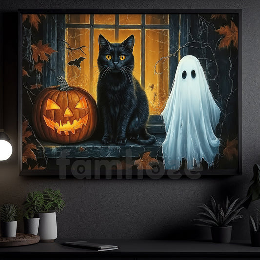 Black Cat, Ghost & Pumpkin Canvas Painting, Midnight Has Two Best Friends Spooky Season Wall Art Decor, Halloween Poster Gift For Cat Lover