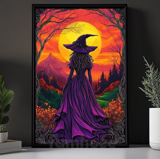 Halloween Witch Canvas Painting, Witch At Sunset Wall Art Decor, Spooky Season Poster Gift For Witch Lovers