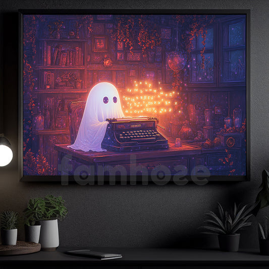 Halloween Boo Canvas Painting, Ghosts In The Typewriter Wall Art Decor, Spooky Season Poster Gift For Ghost Lovers
