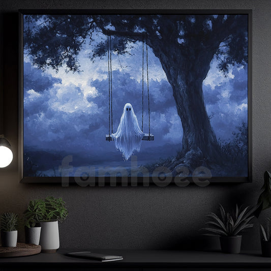 Halloween Boo Canvas Painting, The Swinging Ghost Wall Art Decor, Spooky Season Poster Gift For Ghost Lovers
