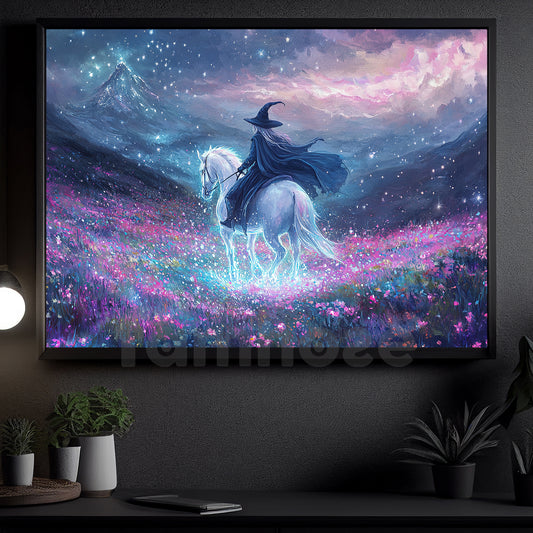 Halloween Witch Riding Horse Canvas Painting, The Witch Of The Starlight Fields Wall Art Decor, Spooky Season Poster Gift For Witch Lovers, Horse Riding Lovers