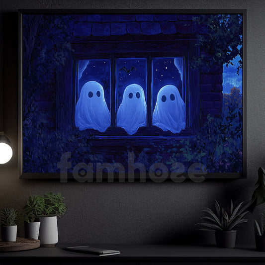 Halloween Ghost Canvas Painting, Ghosts In The Window Wall Art Decor, Spooky Season Poster Gift For Ghost Lovers
