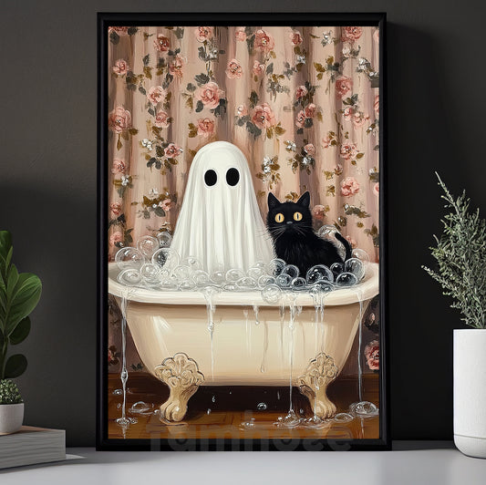 Halloween Boo Cat Canvas Painting, Witch’s Cat & Ghost Soak Wall Art Decor, Spooky Season Poster Gift For Ghost Lovers, Cat Lovers