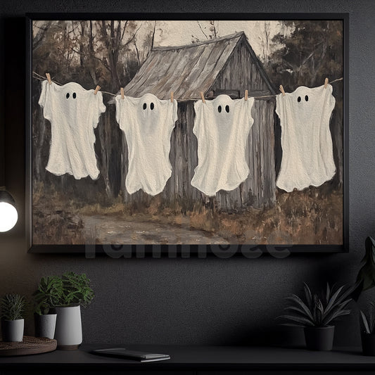 Halloween Ghost Canvas Painting, Laundry Day For Ghosts Wall Art Decor, Spooky Season Poster Gift For Ghost Lovers