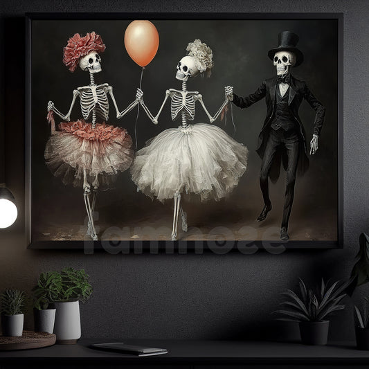 Halloween Skeleton Canvas Painting, Dance Of The Departed Wall Art Decor, Spooky Season Poster Gift For Skeleton Lovers