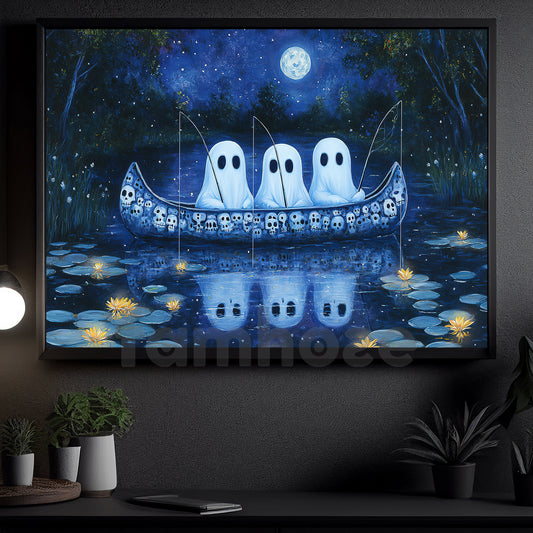 Halloween Fising Boo Canvas Painting, Phantom Fishermen Wall Art Decor, Spooky Season Poster Gift For Fisherman, Ghost Lovers